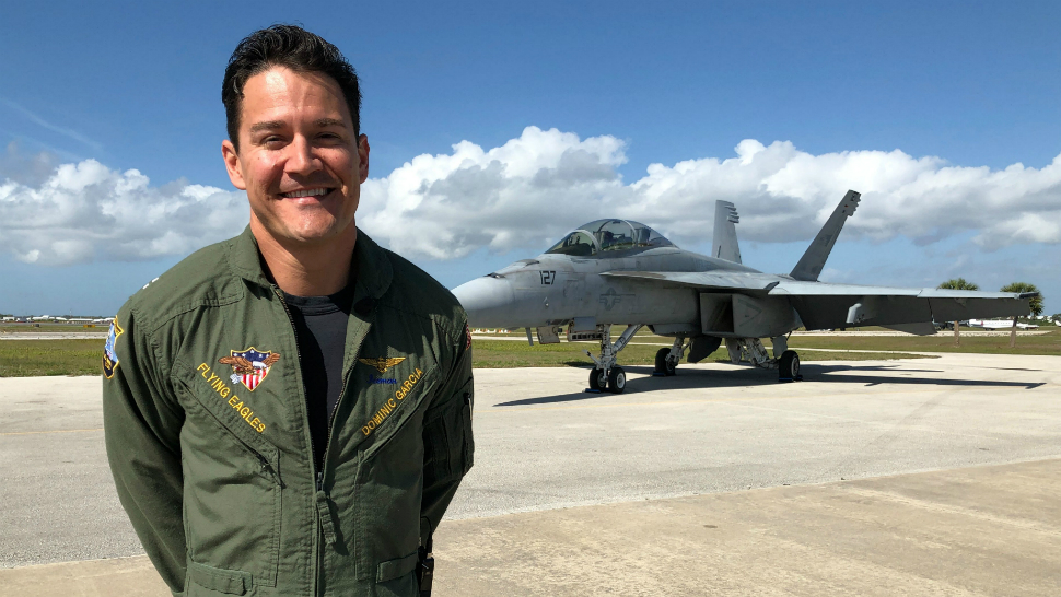 Navy Lt. Dominic "Iceman" Garcia, of Melbourne is a pilot on the F-18 Super Hornet legacy team. He'll perform in front of his hometown crowd at the 2019 Melbourne Air and Space Show. (Jonathan Shaban/Spectrum News)