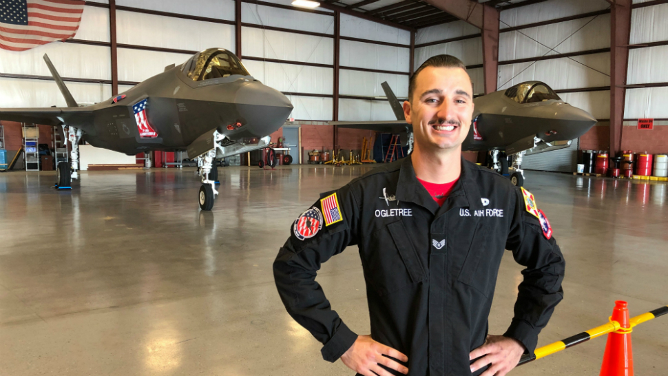 Air Force Staff Sgt. Paul Ogletree is a crew chief on the F-35 demo team, making its North American debut at the 2019 Melbourne Air and Space Show. Ogletree is from Merritt Island. (Jonathan Shaban/Spectrum News)